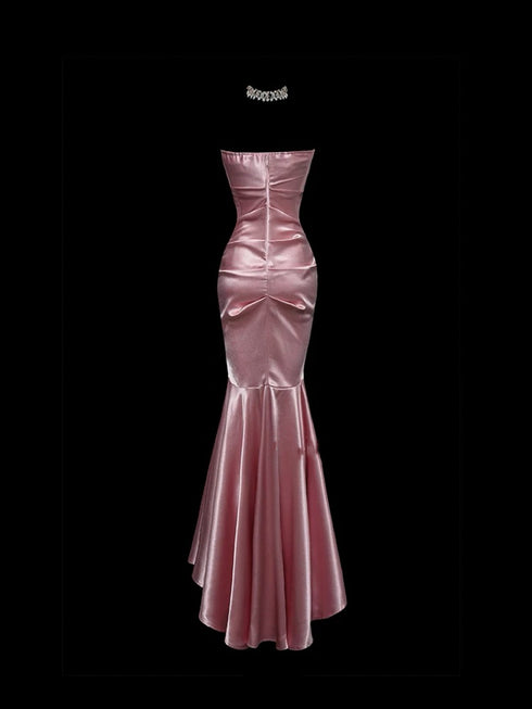 Pink and Black Strapless Evening Dress - Satin Evening Dress - Mermaid Style Evening Gown Plus Size